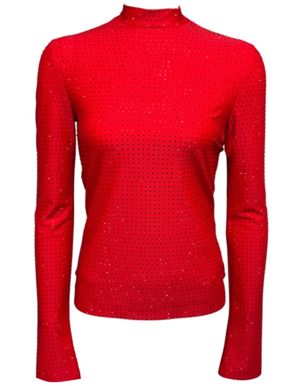FERRAGAMO RED CRYSTAL EMBELLISHED LONG SLEEVED NYLON STRETCH TOP